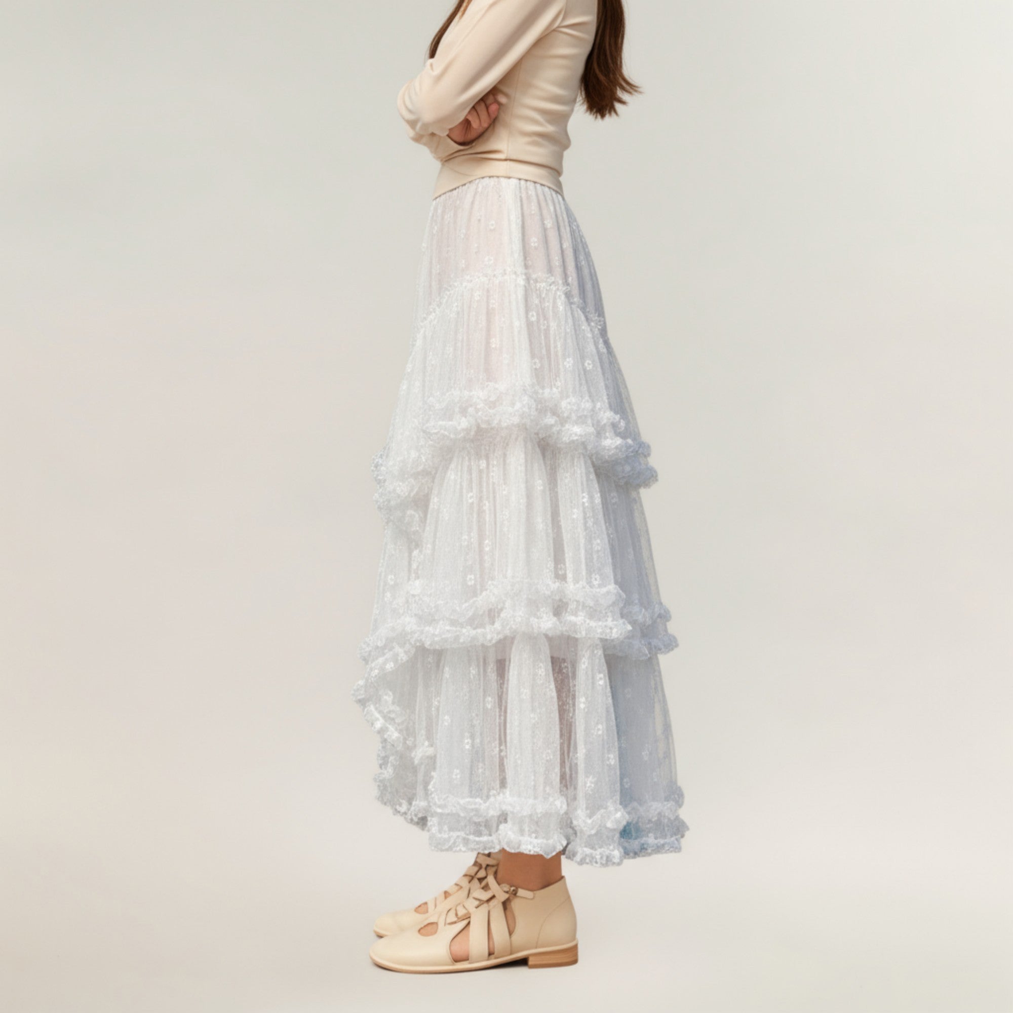 Anna-Kaci Women's Tiered Lace Maxi Skirt with Sheer Floral Embroidery and Ruffled Hem Layers