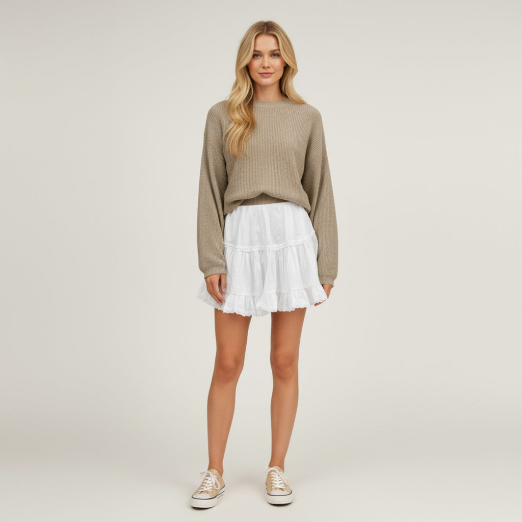 Anna-Kaci Women's Ruffled Tiered Mini Skirt with Lace Trim Hem and Flowy Silhouette