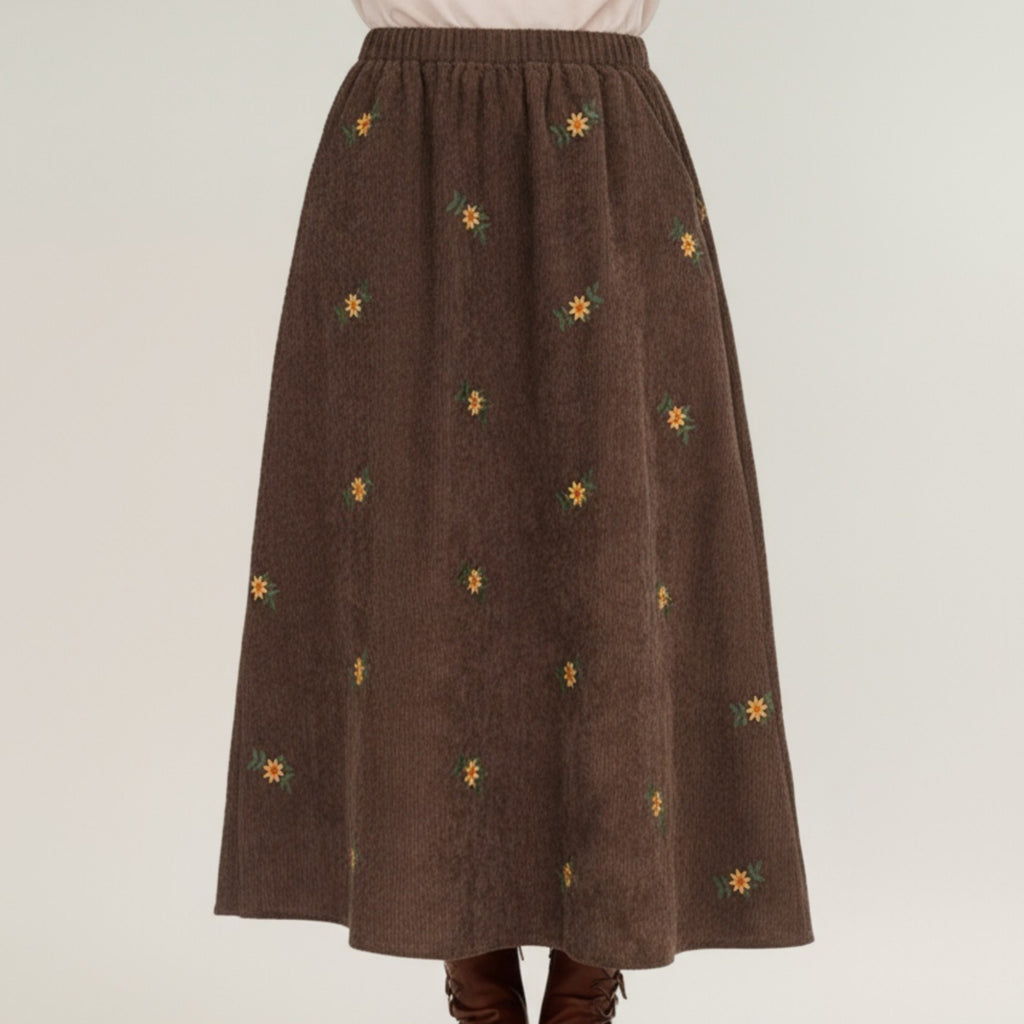Anna-Kaci Women's Embroidered Corduroy Maxi Skirt with Elastic Waist and Floral Stitch Detailing