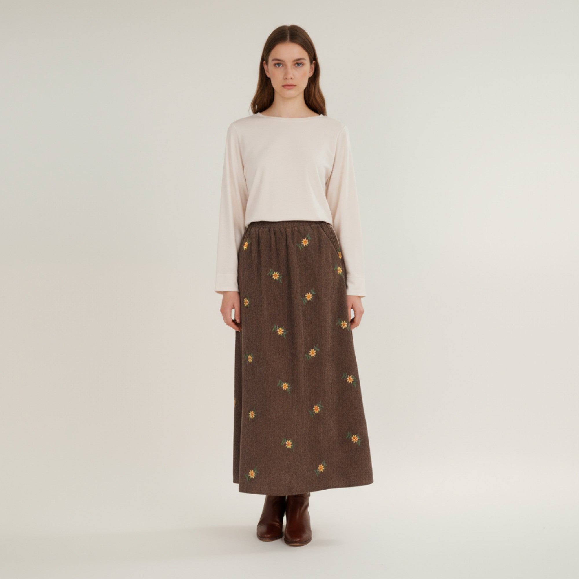 Anna-Kaci Women's Embroidered Corduroy Maxi Skirt with Elastic Waist and Floral Stitch Detailing