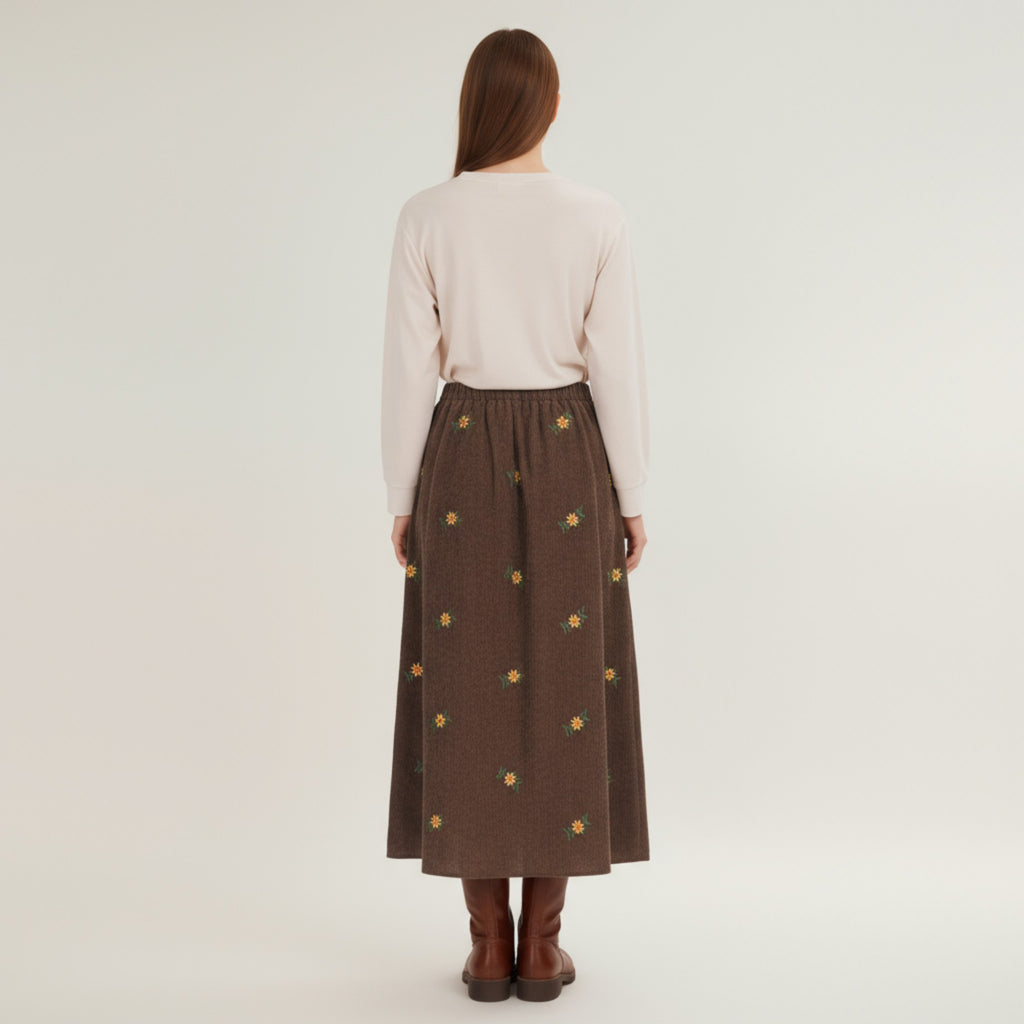 Anna-Kaci Women's Embroidered Corduroy Maxi Skirt with Elastic Waist and Floral Stitch Detailing