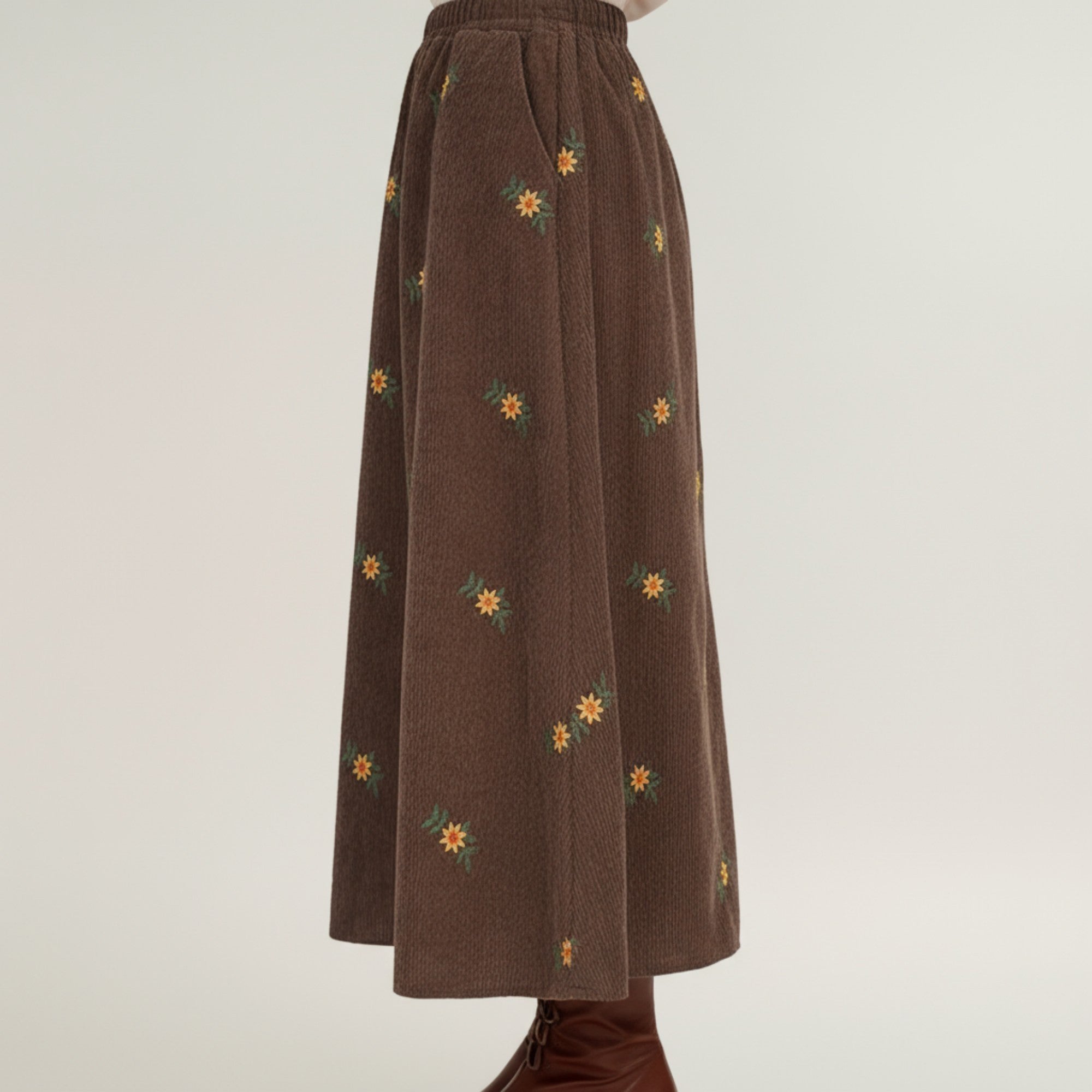 Anna-Kaci Women's Embroidered Corduroy Maxi Skirt with Elastic Waist and Floral Stitch Detailing