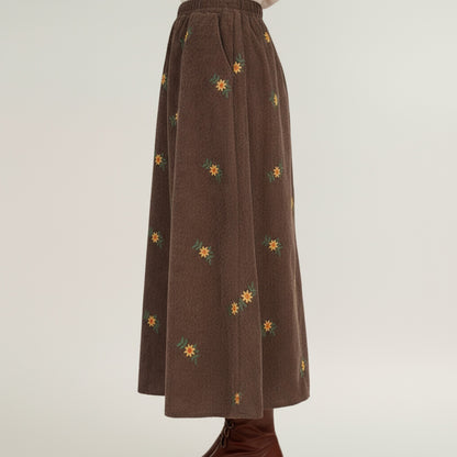 Anna-Kaci Women's Embroidered Corduroy Maxi Skirt with Elastic Waist and Floral Stitch Detailing