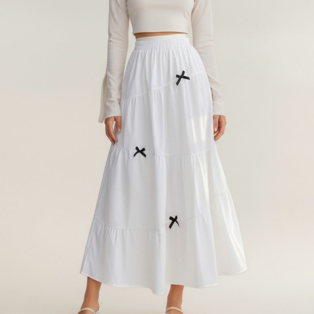 Anna-Kaci Women's Tiered Maxi Skirt with Elastic Waist and Contrast Bow Accents