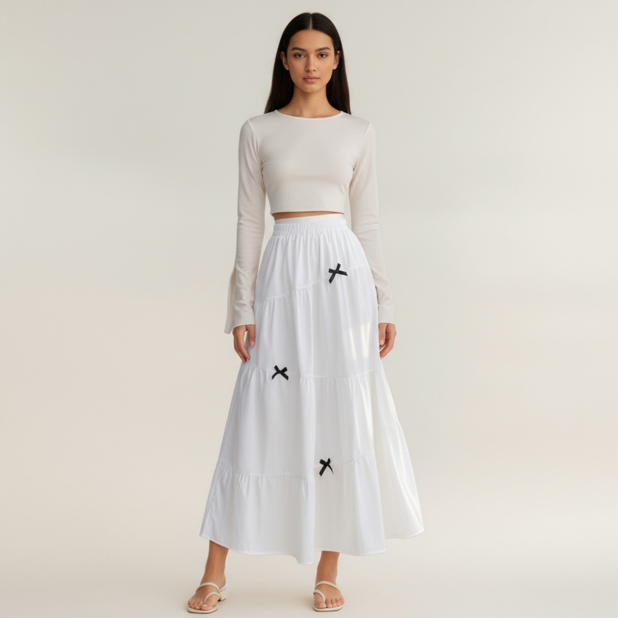 Anna-Kaci Women's Tiered Maxi Skirt with Elastic Waist and Contrast Bow Accents