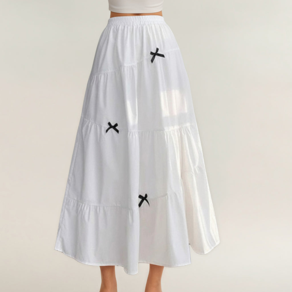 Anna-Kaci Women's Tiered Maxi Skirt with Elastic Waist and Contrast Bow Accents
