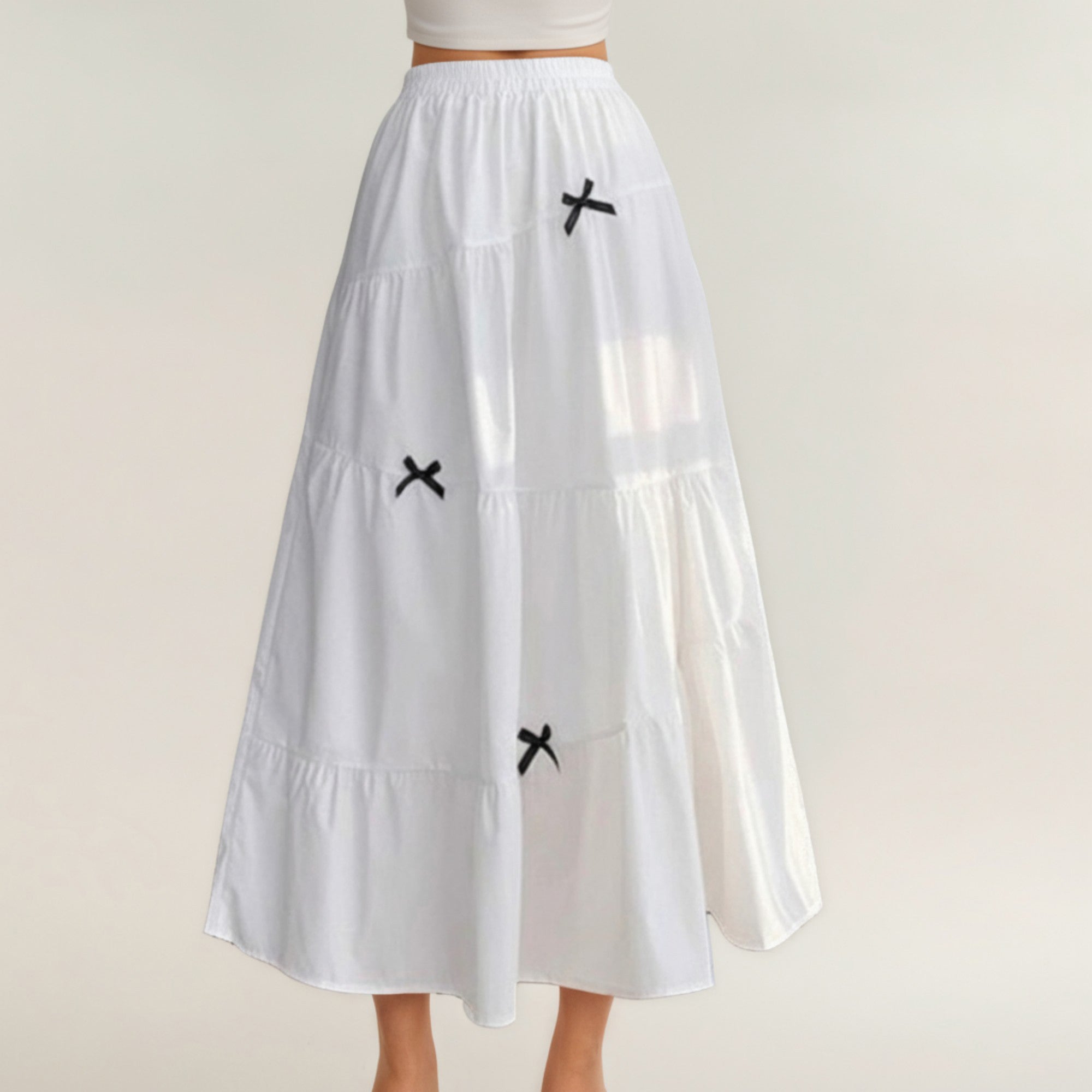 Anna-Kaci Women's Tiered Maxi Skirt with Elastic Waist and Contrast Bow Accents