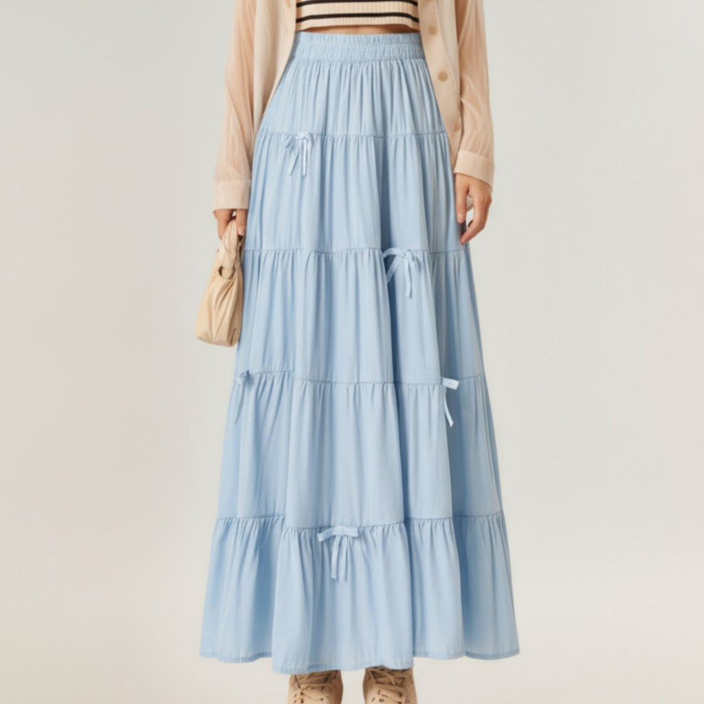 Anna-Kaci Women's Tiered Maxi Skirt with Elastic Waist and Delicate Ribbon Tie Details