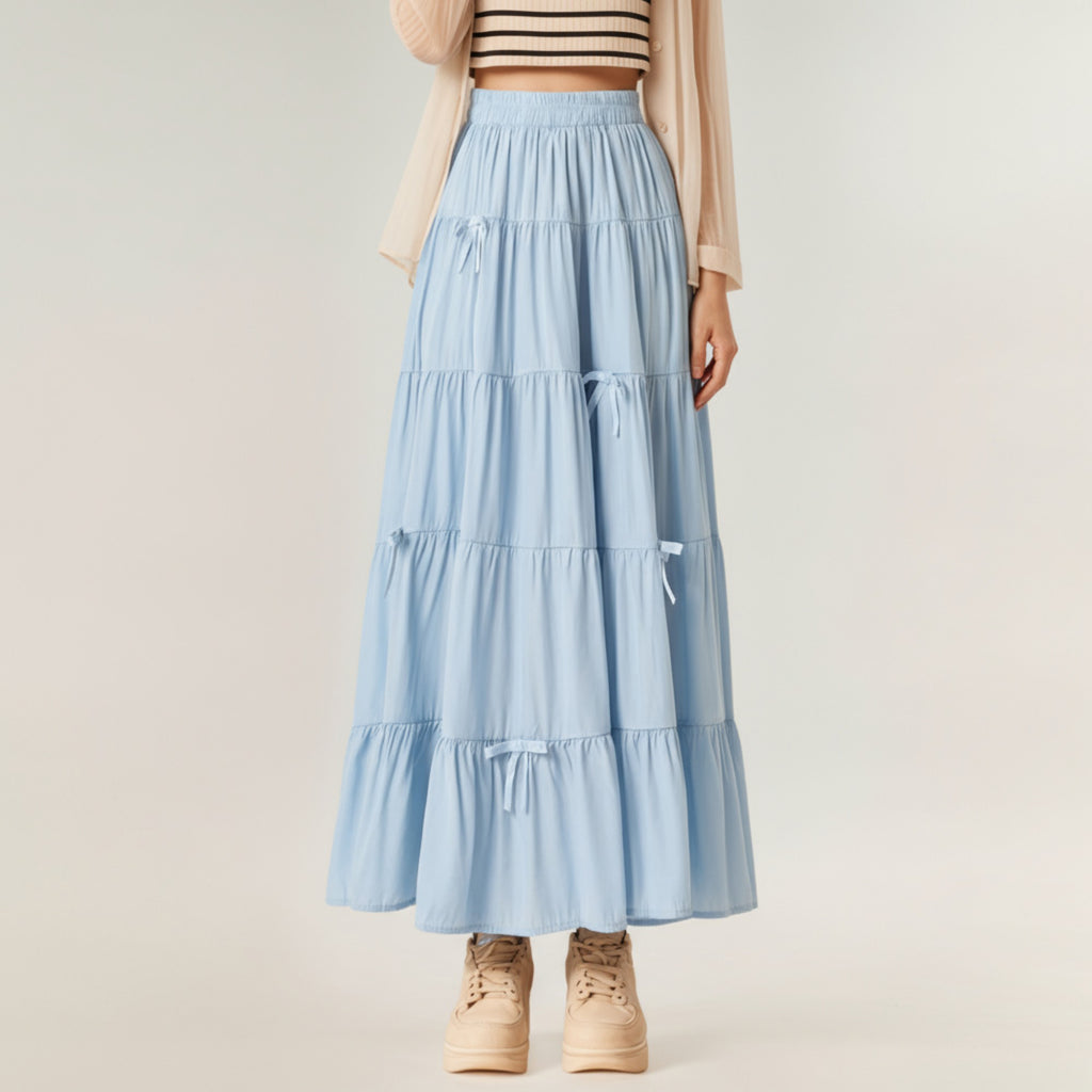 Anna-Kaci Women's Tiered Maxi Skirt with Elastic Waist and Delicate Ribbon Tie Details