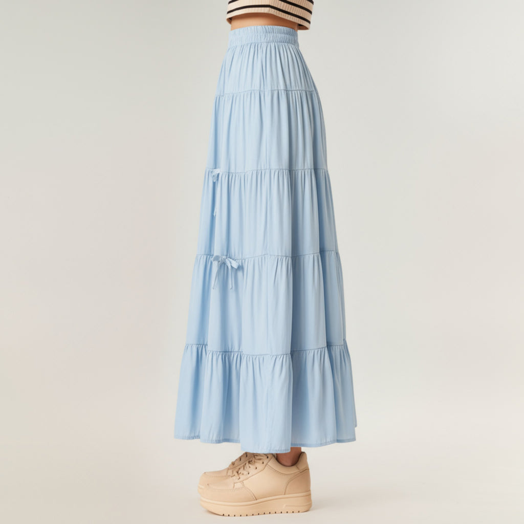 Anna-Kaci Women's Tiered Maxi Skirt with Elastic Waist and Delicate Ribbon Tie Details