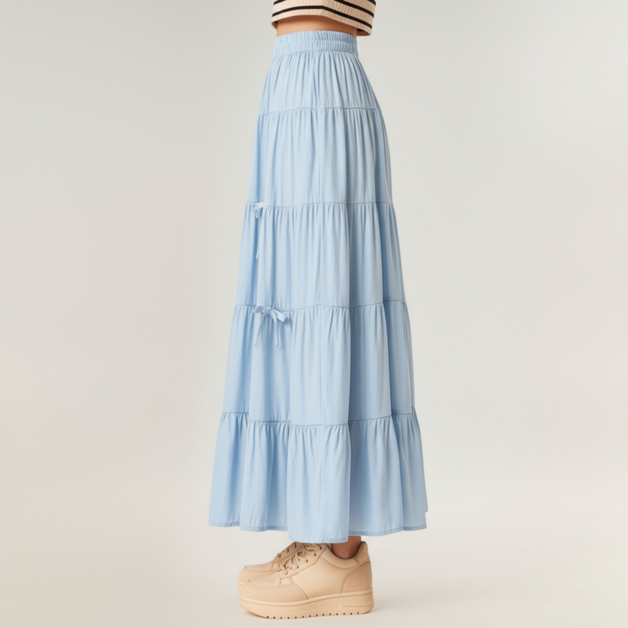 Anna-Kaci Women's Tiered Maxi Skirt with Elastic Waist and Delicate Ribbon Tie Details