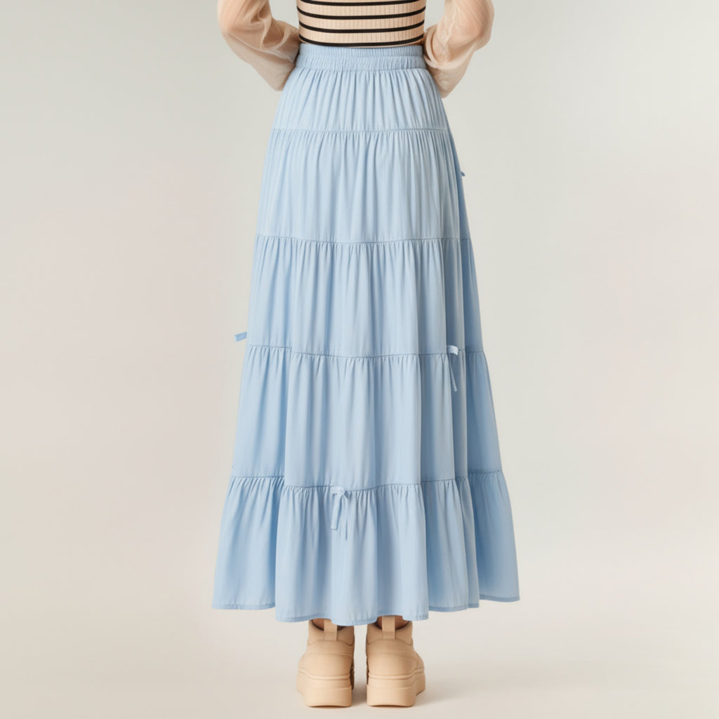 Anna-Kaci Women's Tiered Maxi Skirt with Elastic Waist and Delicate Ribbon Tie Details