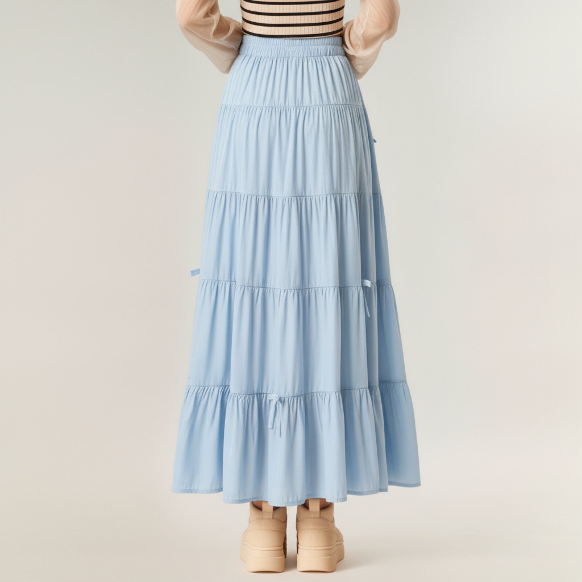 Anna-Kaci Women's Tiered Maxi Skirt with Elastic Waist and Delicate Ribbon Tie Details