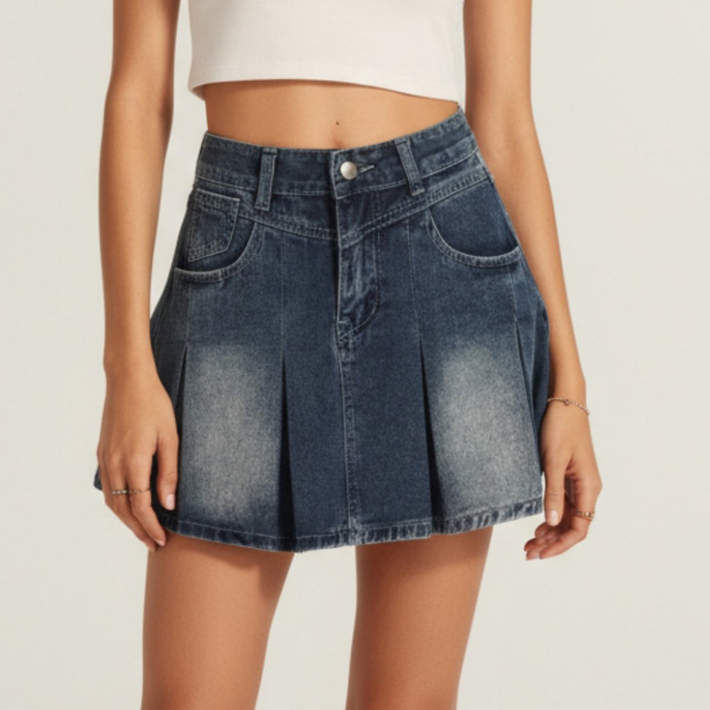 Anna-Kaci Women's Pleated Denim Mini Skirt with Faded Wash and Front Pocket Details