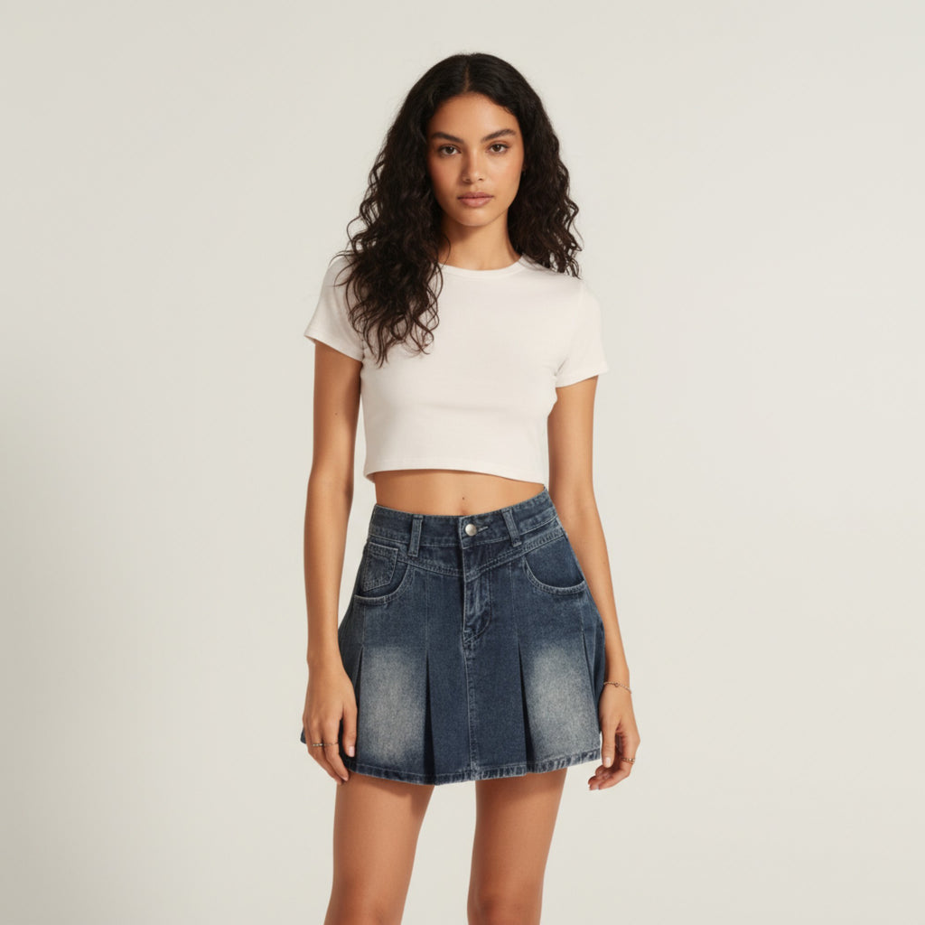 Anna-Kaci Women's Pleated Denim Mini Skirt with Faded Wash and Front Pocket Details