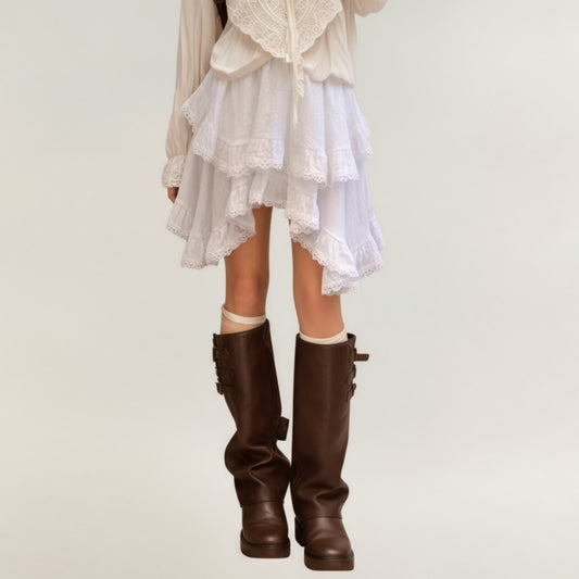 Anna-Kaci Women's Tiered Ruffle Lace Hem Skirt with Asymmetrical Layers