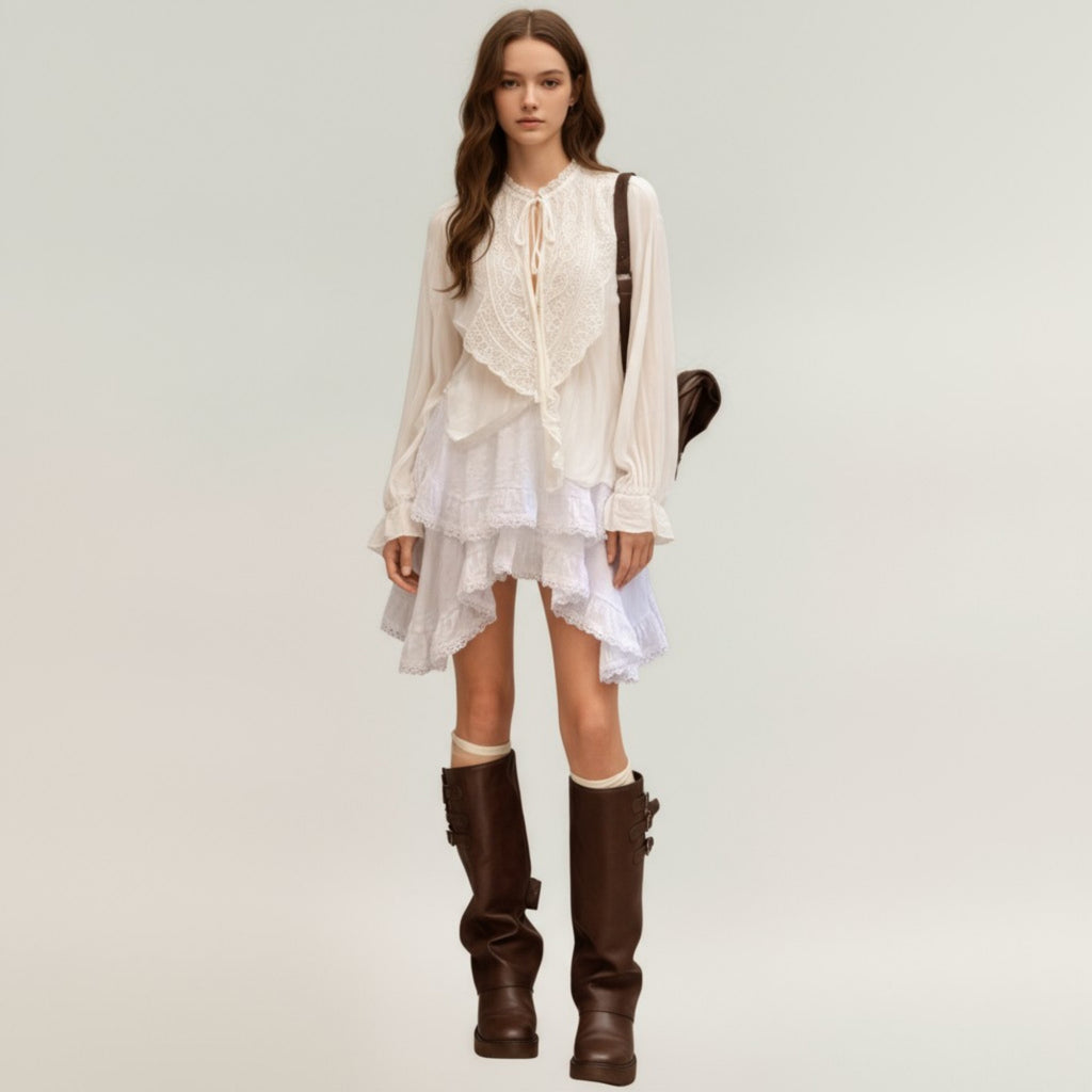 Anna-Kaci Women's Tiered Ruffle Lace Hem Skirt with Asymmetrical Layers