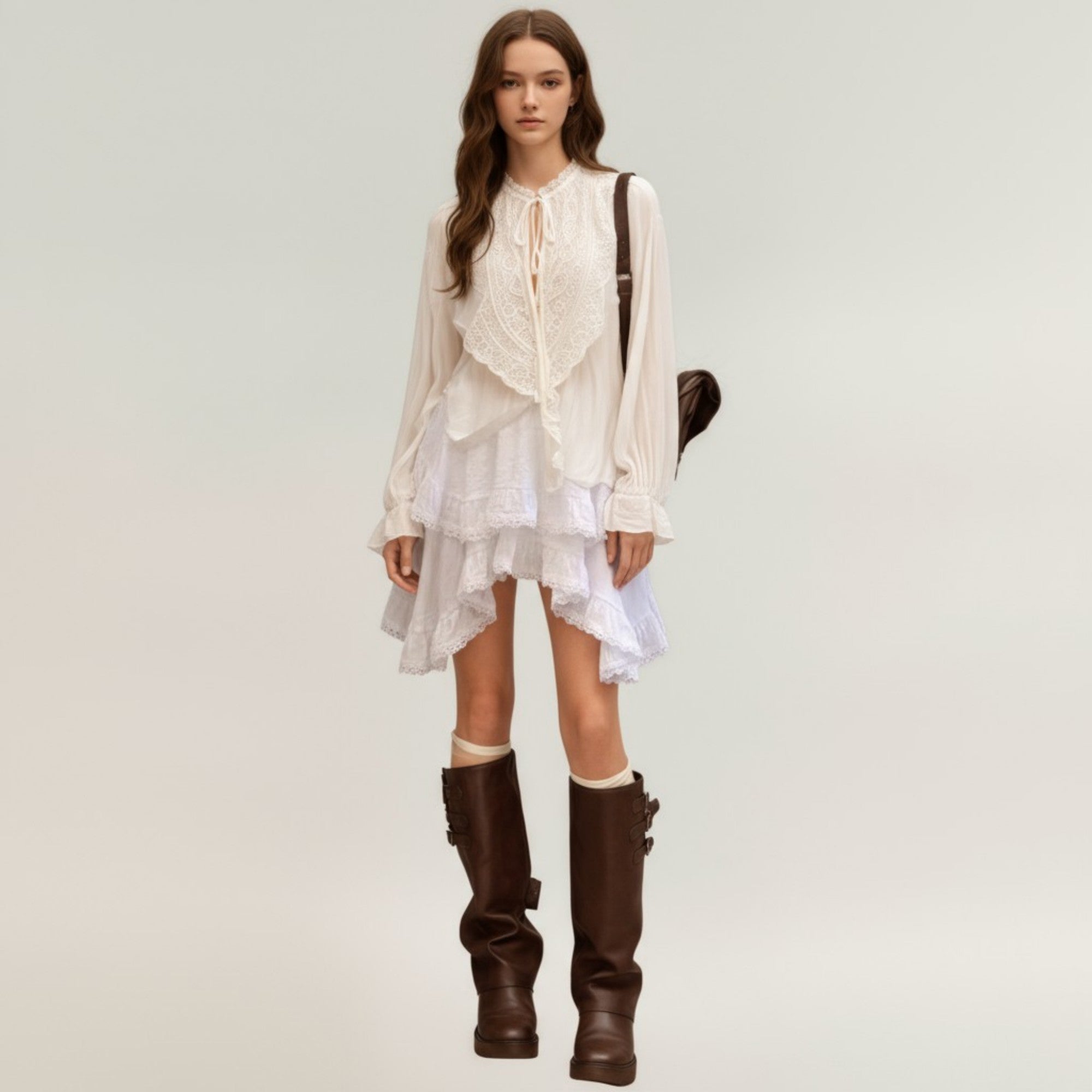 Anna-Kaci Women's Tiered Ruffle Lace Hem Skirt with Asymmetrical Layers