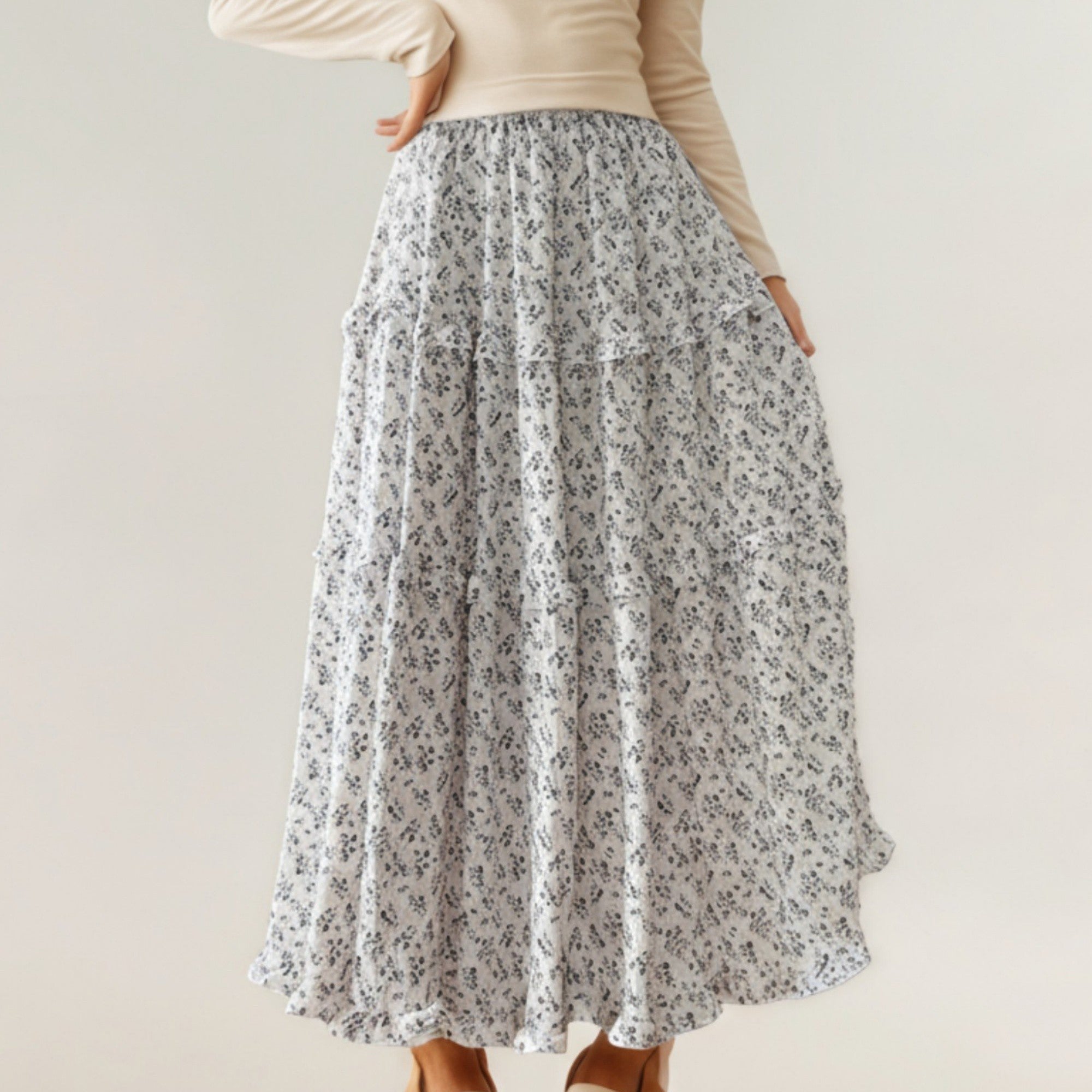 Anna-Kaci Women's Tiered Floral Maxi Skirt with Elastic Waist and Flowy A-Line Silhouette