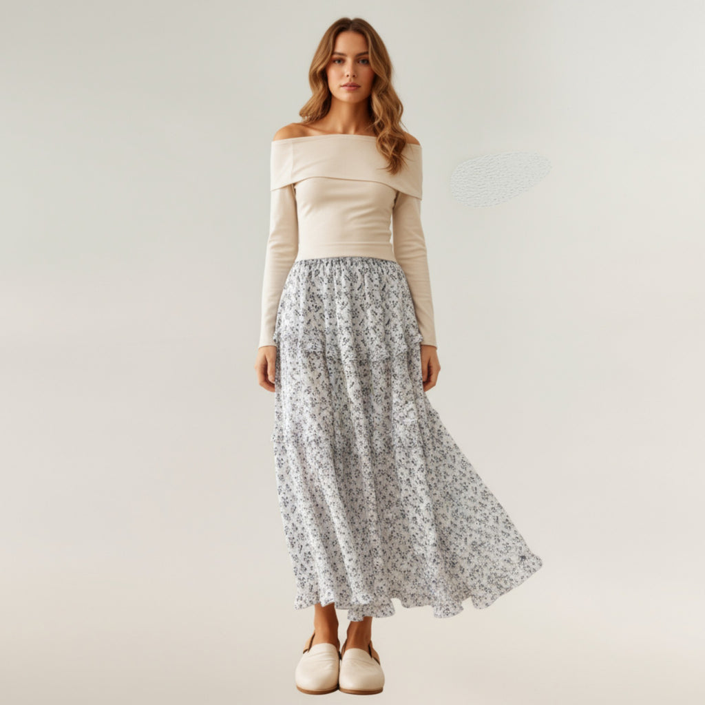 Anna-Kaci Women's Tiered Floral Maxi Skirt with Elastic Waist and Flowy A-Line Silhouette