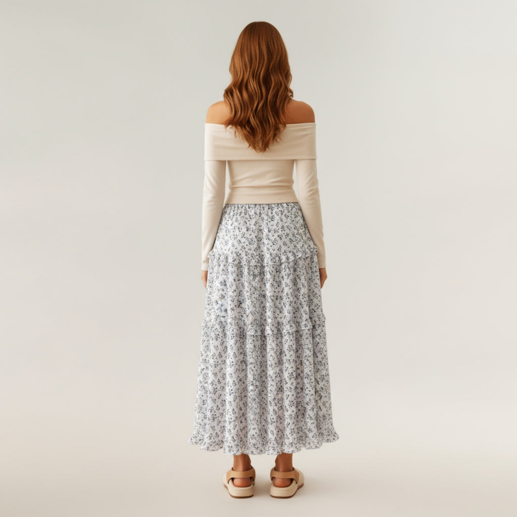 Anna-Kaci Women's Tiered Floral Maxi Skirt with Elastic Waist and Flowy A-Line Silhouette