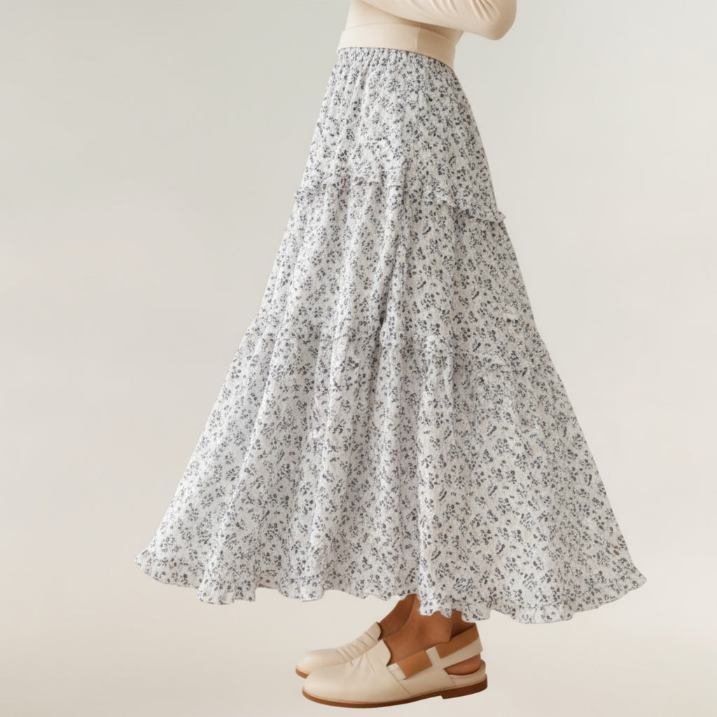 Anna-Kaci Women's Tiered Floral Maxi Skirt with Elastic Waist and Flowy A-Line Silhouette