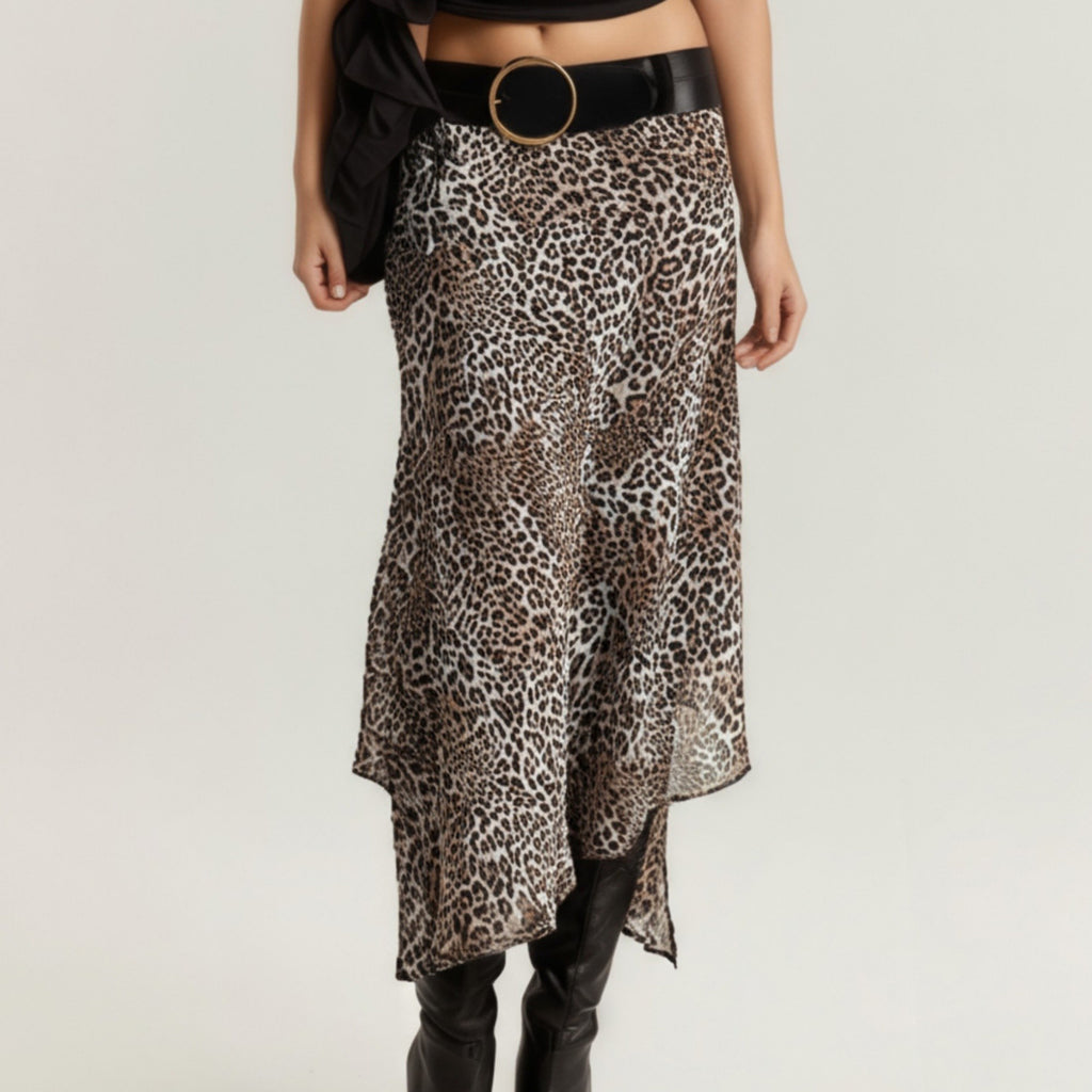 Anna-Kaci Women's Leopard Print Midi Skirt with Asymmetrical Hem and Flowing Sheer Overlay