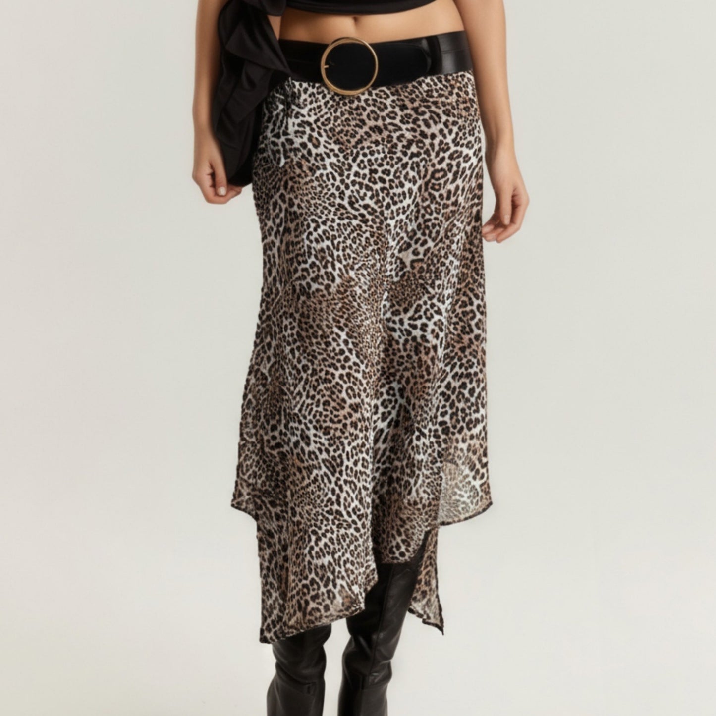 Anna-Kaci Women's Leopard Print Midi Skirt with Asymmetrical Hem and Flowing Sheer Overlay