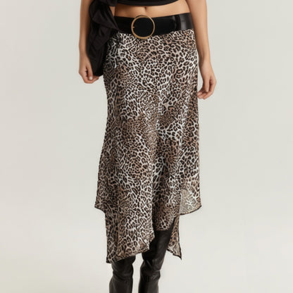 Anna-Kaci Women's Leopard Print Midi Skirt with Asymmetrical Hem and Flowing Sheer Overlay