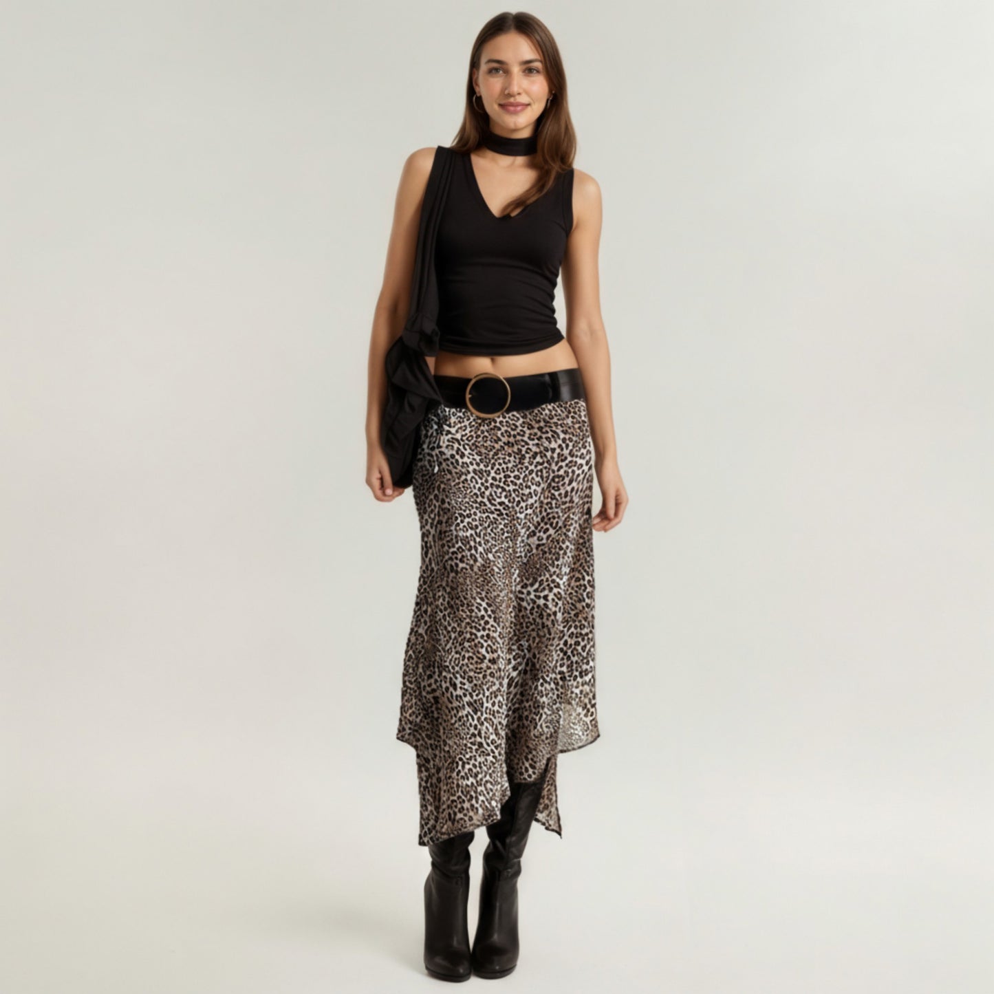 Anna-Kaci Women's Leopard Print Midi Skirt with Asymmetrical Hem and Flowing Sheer Overlay