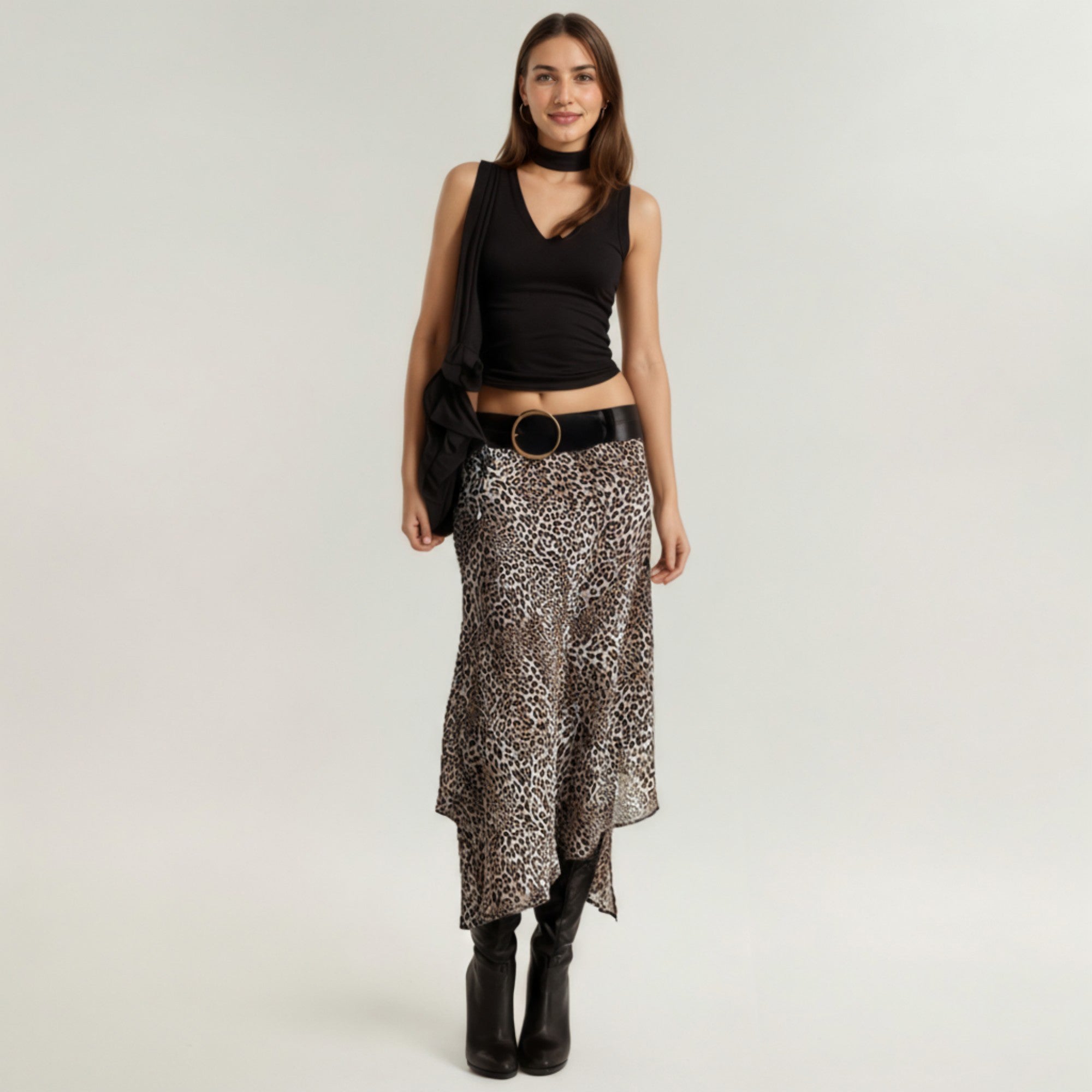 Anna-Kaci Women's Leopard Print Midi Skirt with Asymmetrical Hem and Flowing Sheer Overlay