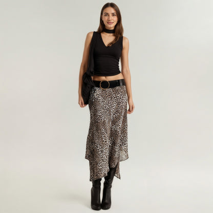 Anna-Kaci Women's Leopard Print Midi Skirt with Asymmetrical Hem and Flowing Sheer Overlay