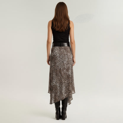 Anna-Kaci Women's Leopard Print Midi Skirt with Asymmetrical Hem and Flowing Sheer Overlay