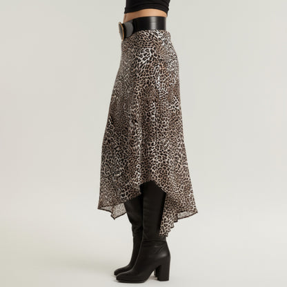 Anna-Kaci Women's Leopard Print Midi Skirt with Asymmetrical Hem and Flowing Sheer Overlay