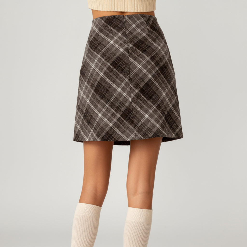 Anna-Kaci Women's Plaid A-Line Mini Skirt with Classic Check Pattern and Wool-Like Texture