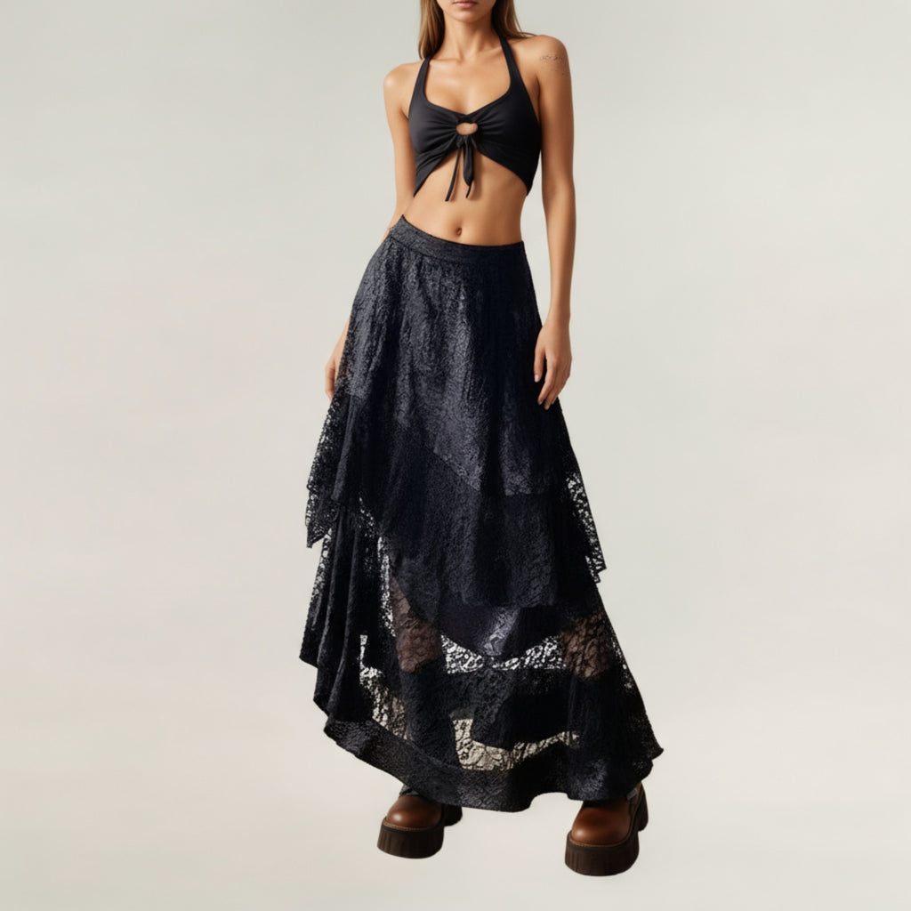Anna-Kaci Women's Asymmetrical Tiered Lace Maxi Skirt with Sheer Layered Hem and Flowy Silhouette