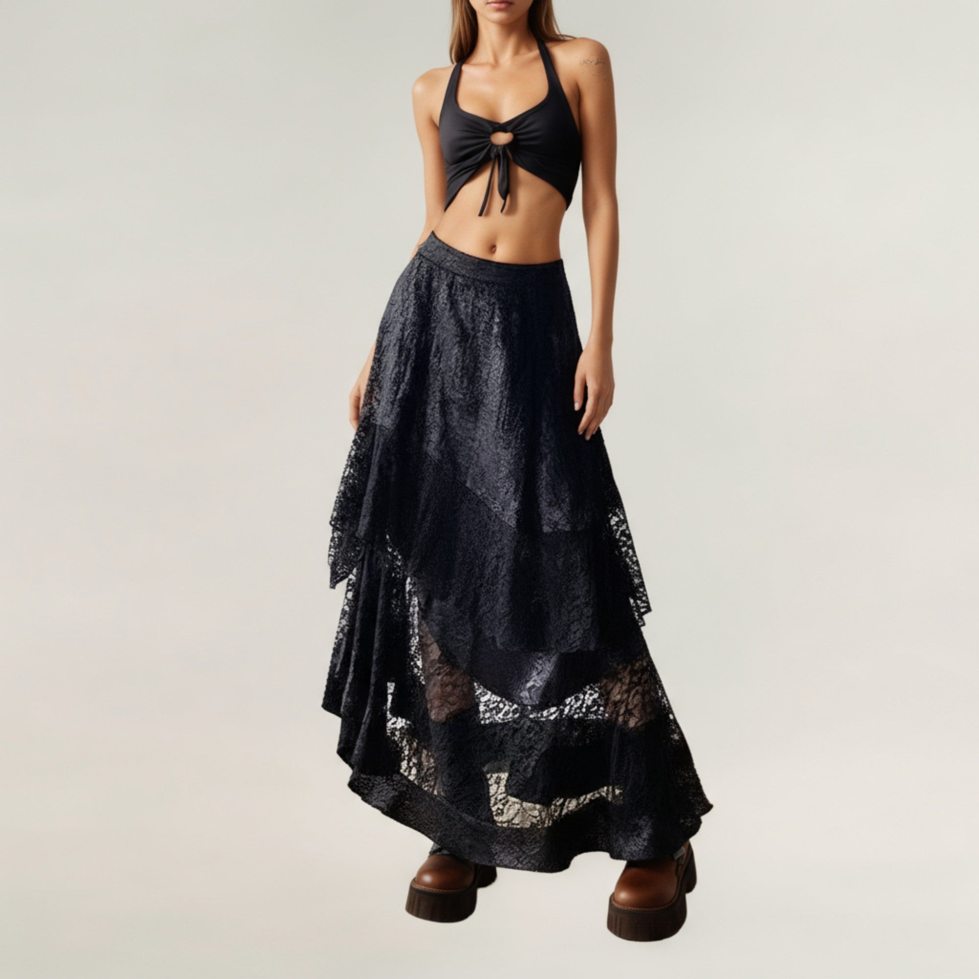 Anna-Kaci Women's Asymmetrical Tiered Lace Maxi Skirt with Sheer Layered Hem and Flowy Silhouette