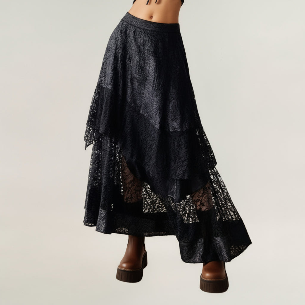 Anna-Kaci Women's Asymmetrical Tiered Lace Maxi Skirt with Sheer Layered Hem and Flowy Silhouette