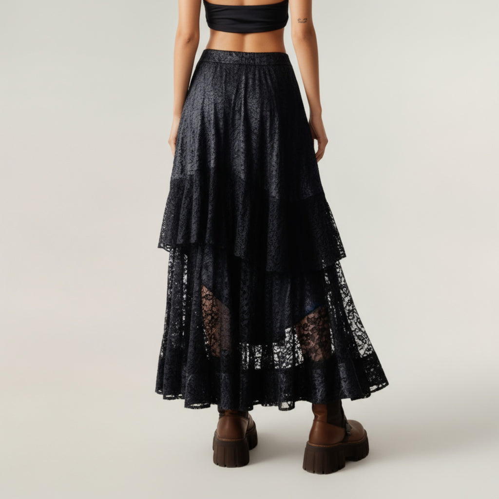 Anna-Kaci Women's Asymmetrical Tiered Lace Maxi Skirt with Sheer Layered Hem and Flowy Silhouette