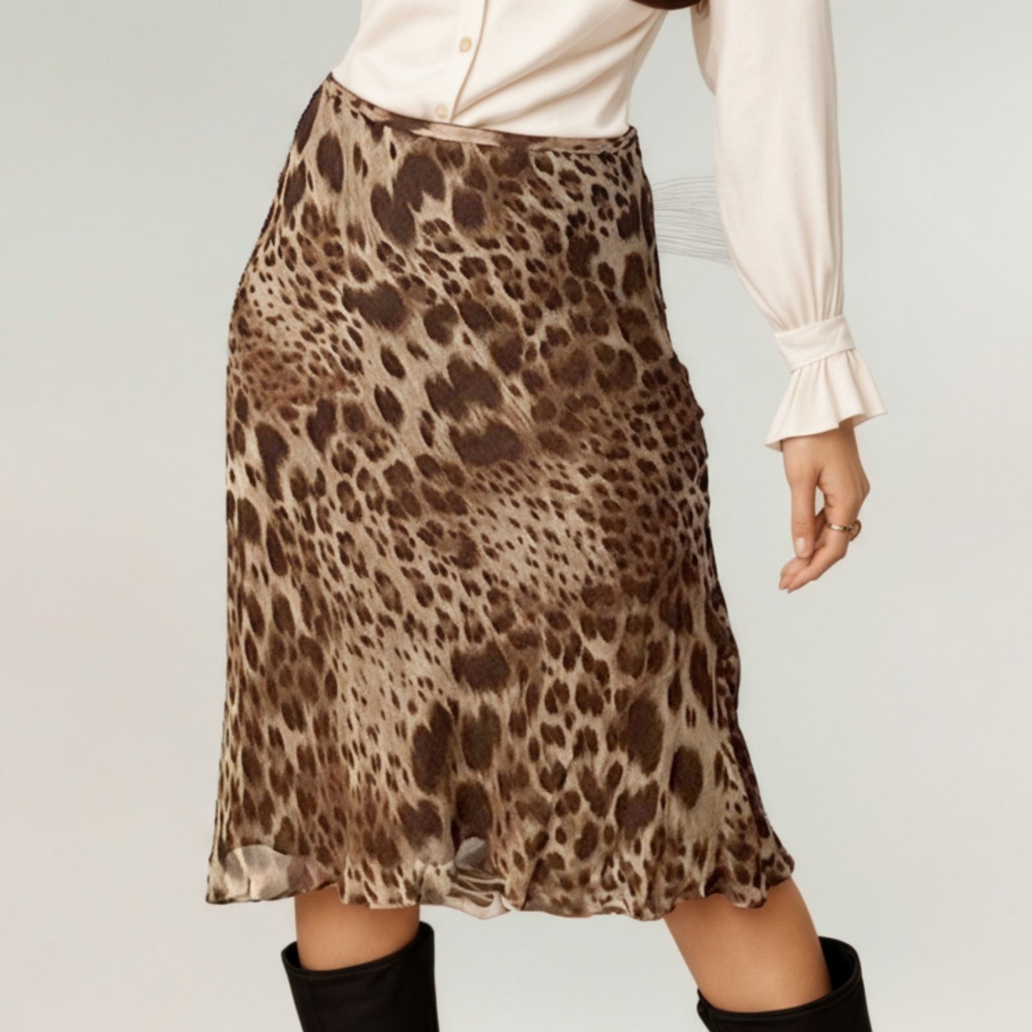 Anna-Kaci Women's Leopard Print Midi Skirt with Bias Cut and Silky Satin Finish