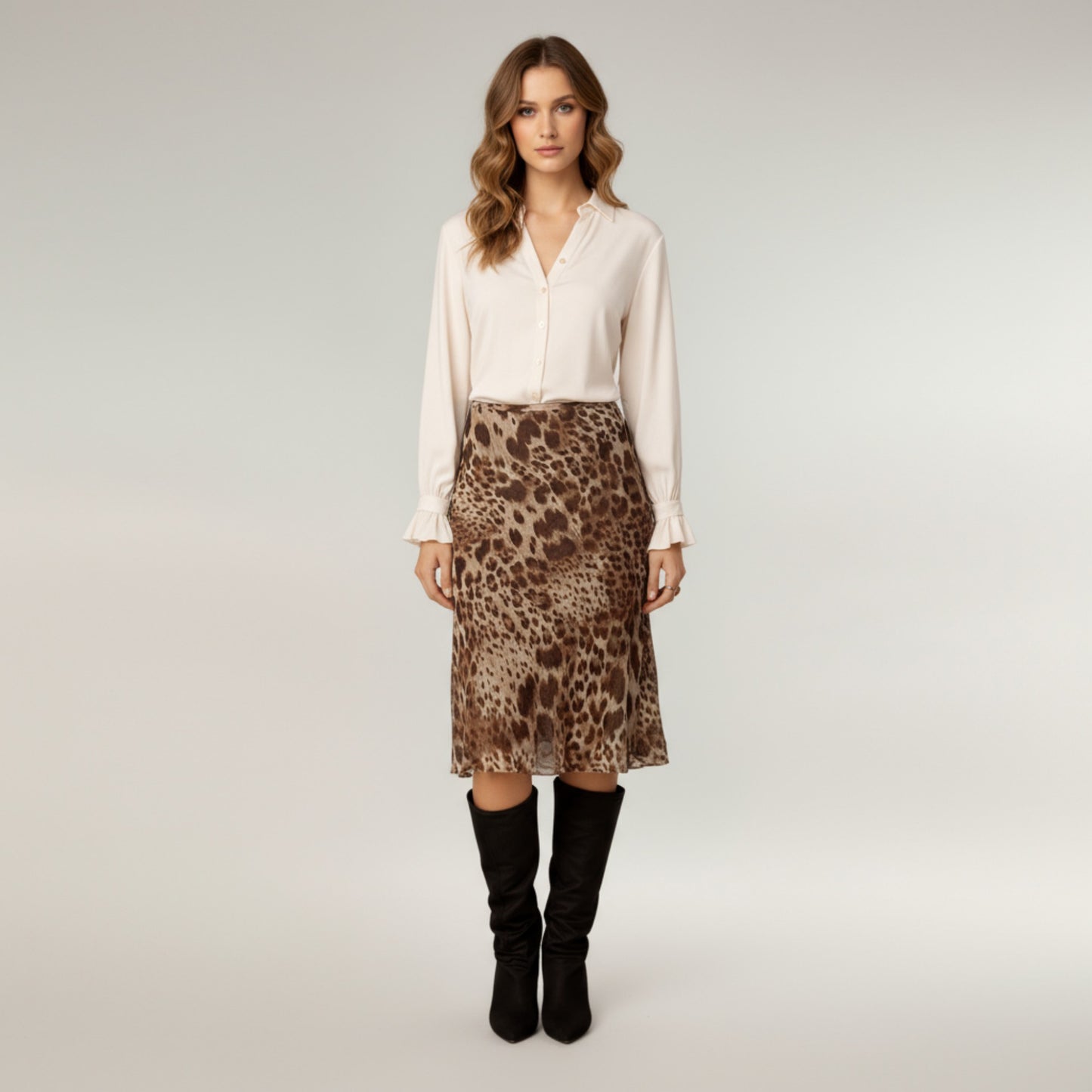 Anna-Kaci Women's Leopard Print Midi Skirt with Bias Cut and Silky Satin Finish