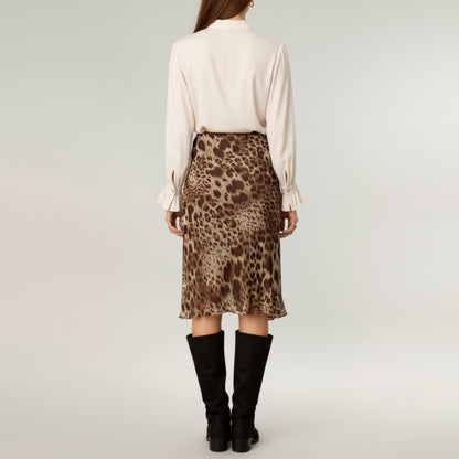 Anna-Kaci Women's Leopard Print Midi Skirt with Bias Cut and Silky Satin Finish