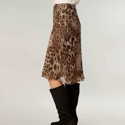 Anna-Kaci Women's Leopard Print Midi Skirt with Bias Cut and Silky Satin Finish