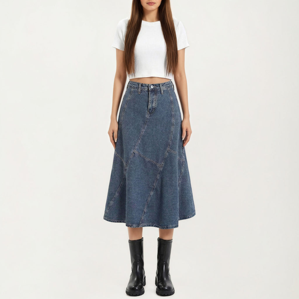 Anna-Kaci Women's High Waist Denim Midi Skirt with Patchwork Seam Detailing and Flared Silhouette