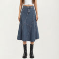 Anna-Kaci Women's High Waist Denim Midi Skirt with Patchwork Seam Detailing and Flared Silhouette