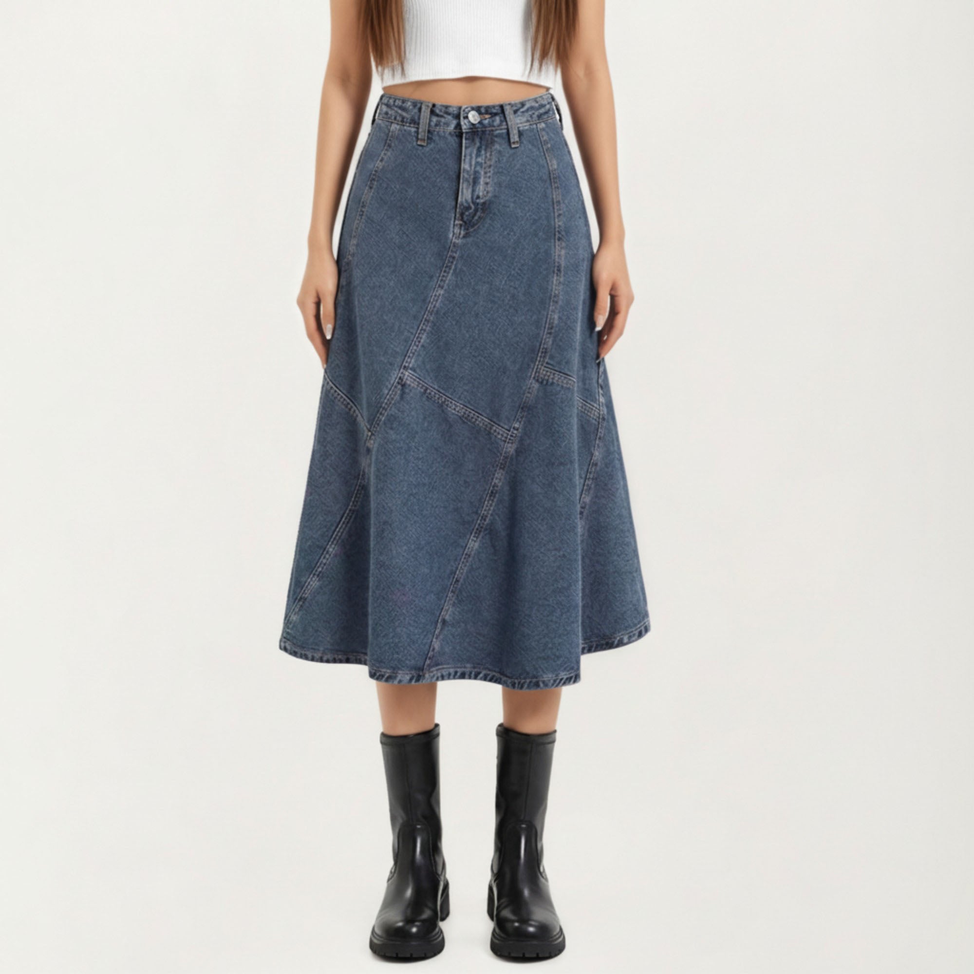 Anna-Kaci Women's High Waist Denim Midi Skirt with Patchwork Seam Detailing and Flared Silhouette