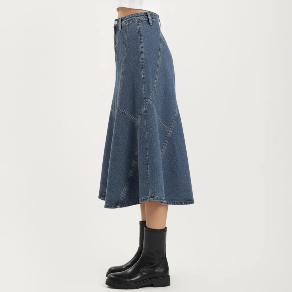 Anna-Kaci Women's High Waist Denim Midi Skirt with Patchwork Seam Detailing and Flared Silhouette