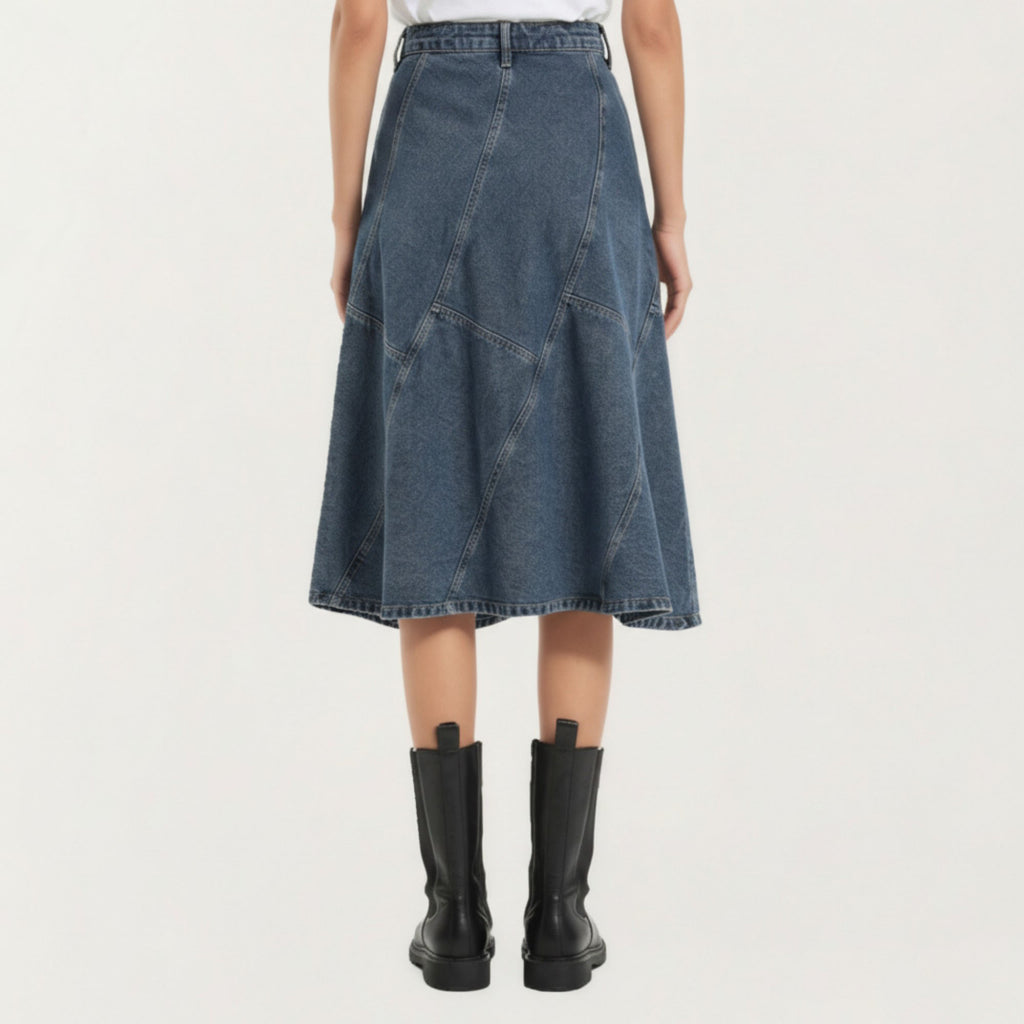 Anna-Kaci Women's High Waist Denim Midi Skirt with Patchwork Seam Detailing and Flared Silhouette