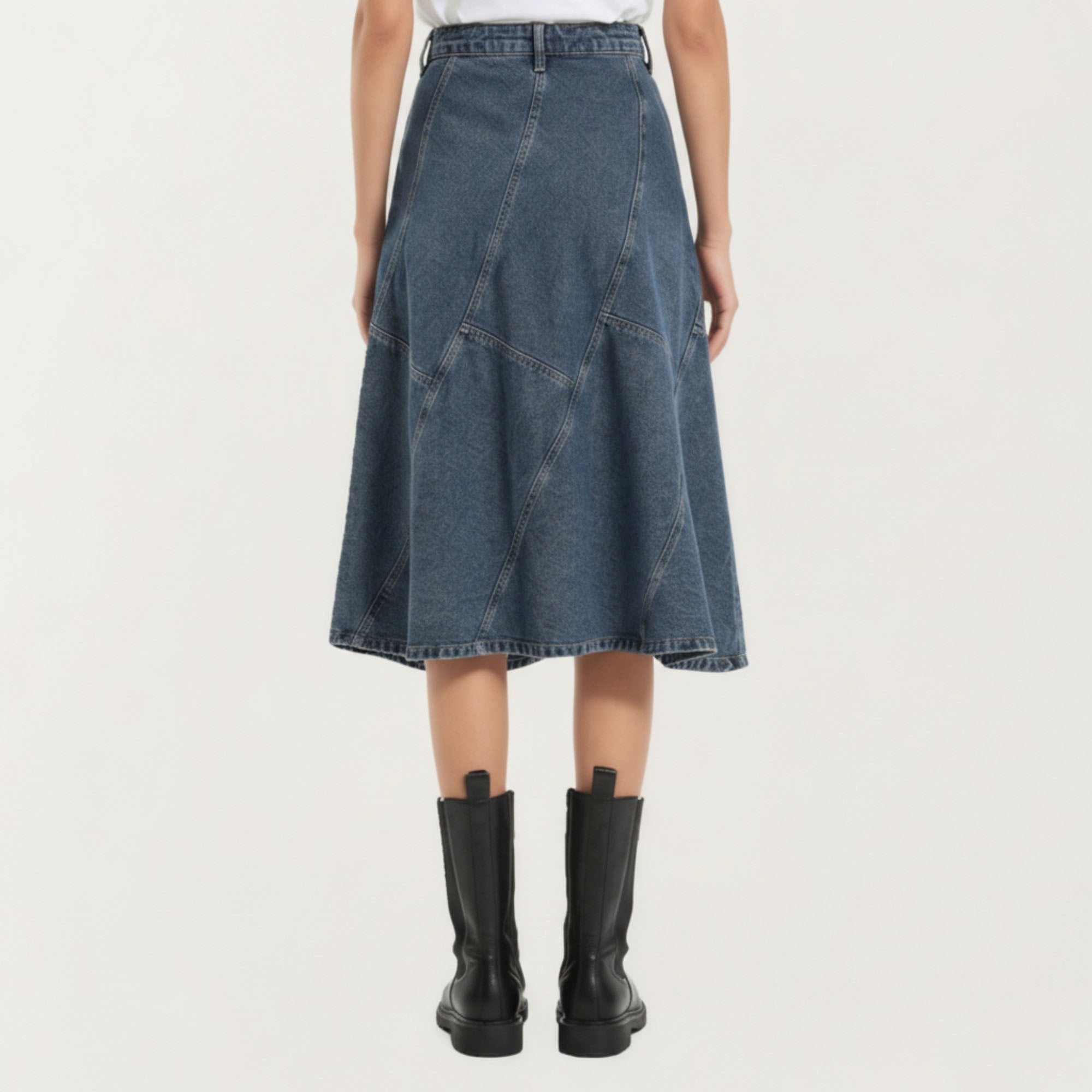 Anna-Kaci Women's High Waist Denim Midi Skirt with Patchwork Seam Detailing and Flared Silhouette