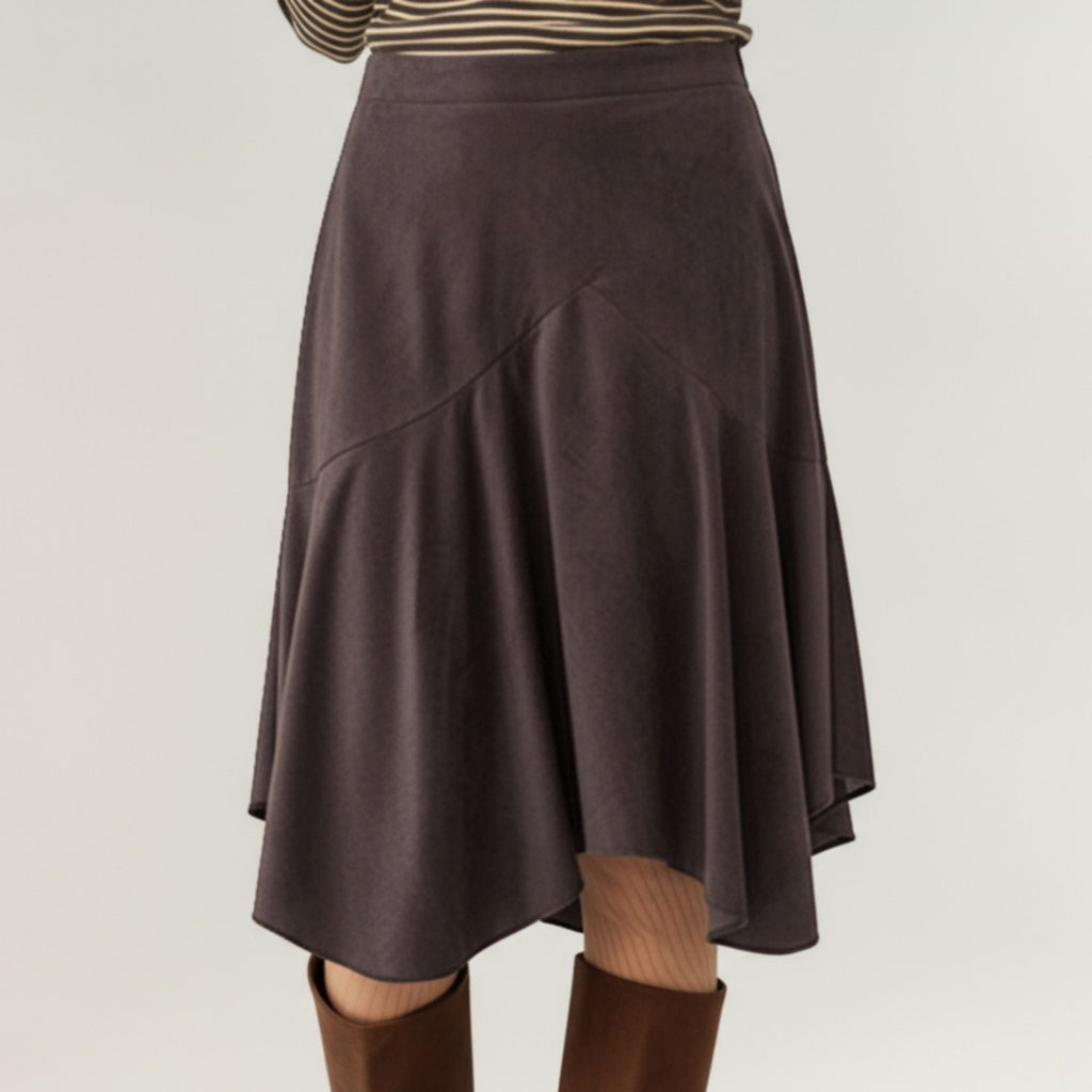 Anna-Kaci Women's Asymmetrical Midi Skirt with Flowy Hem and Soft Suede-Like Fabric